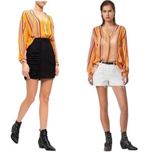 AllSaints Adra Multicolor Striped Button-up Crepe Sheer Blouse Shirt Women Sz 4